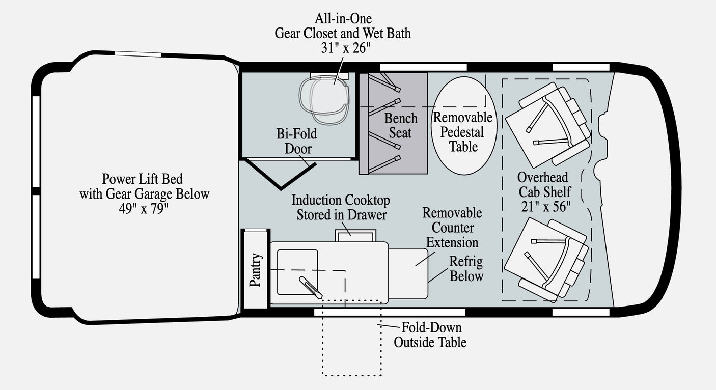 This RV rental floor plan shows a compact camper van's interior with bed, bath, kitchen, and seating areas.
