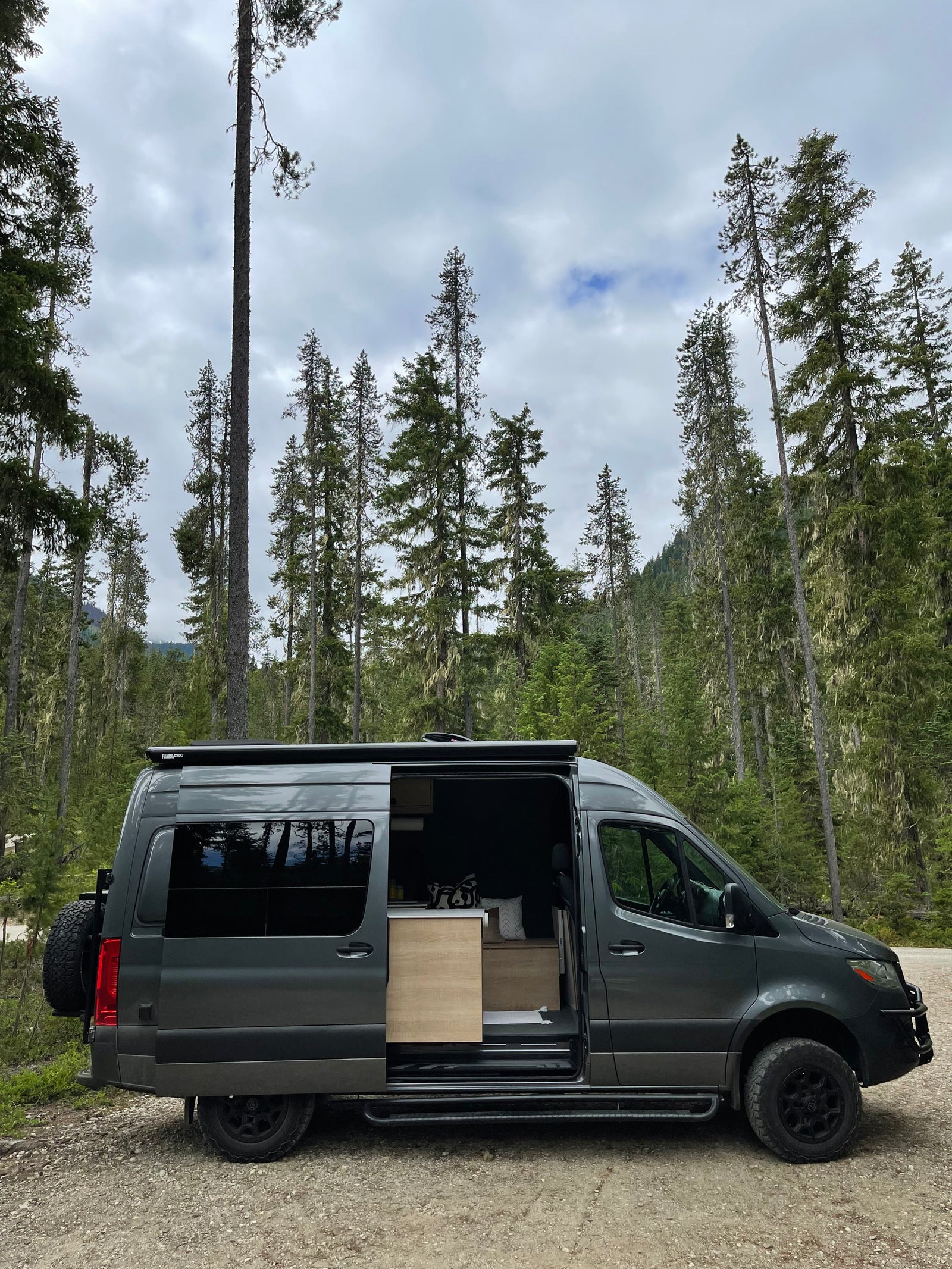 A sleek grey camper van, ideal for an RV rental, with its side door open revealing a light wood interior, parked in a dense forest.