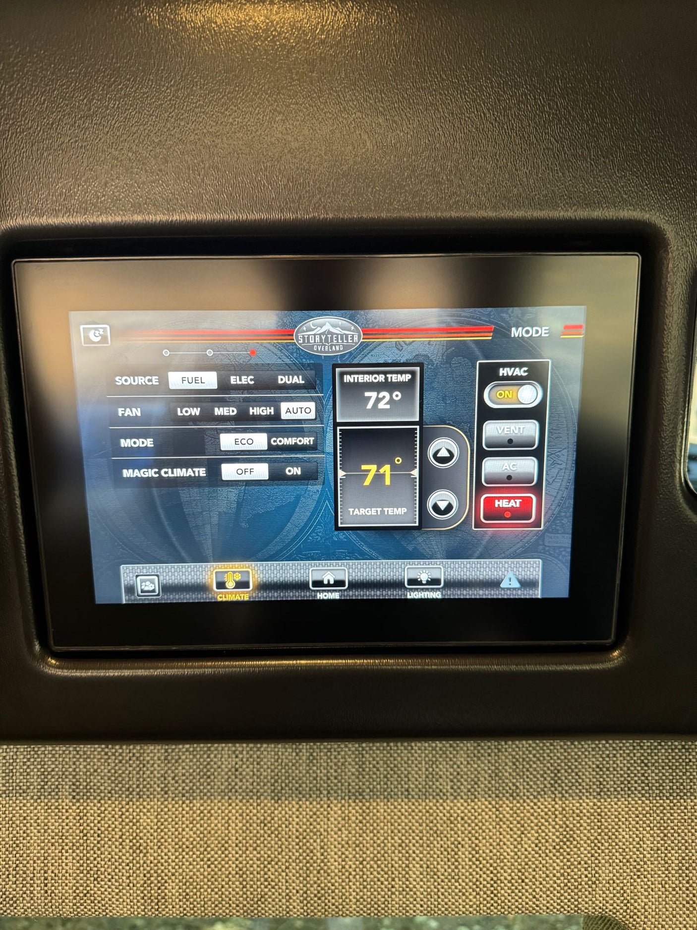 RV rental's Storyteller Overland digital climate control panel shows 72° interior temp, 71° target, with heat active.