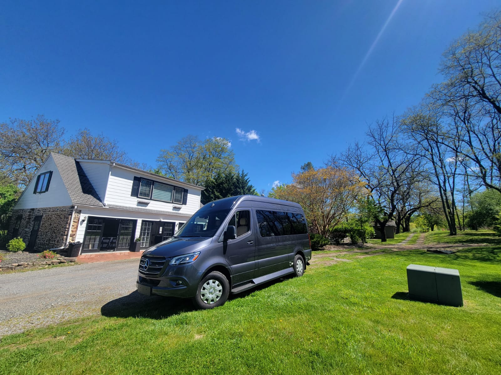 and spacious front cabin.|Step into luxury with this RV rental! Features cream leather captain seats