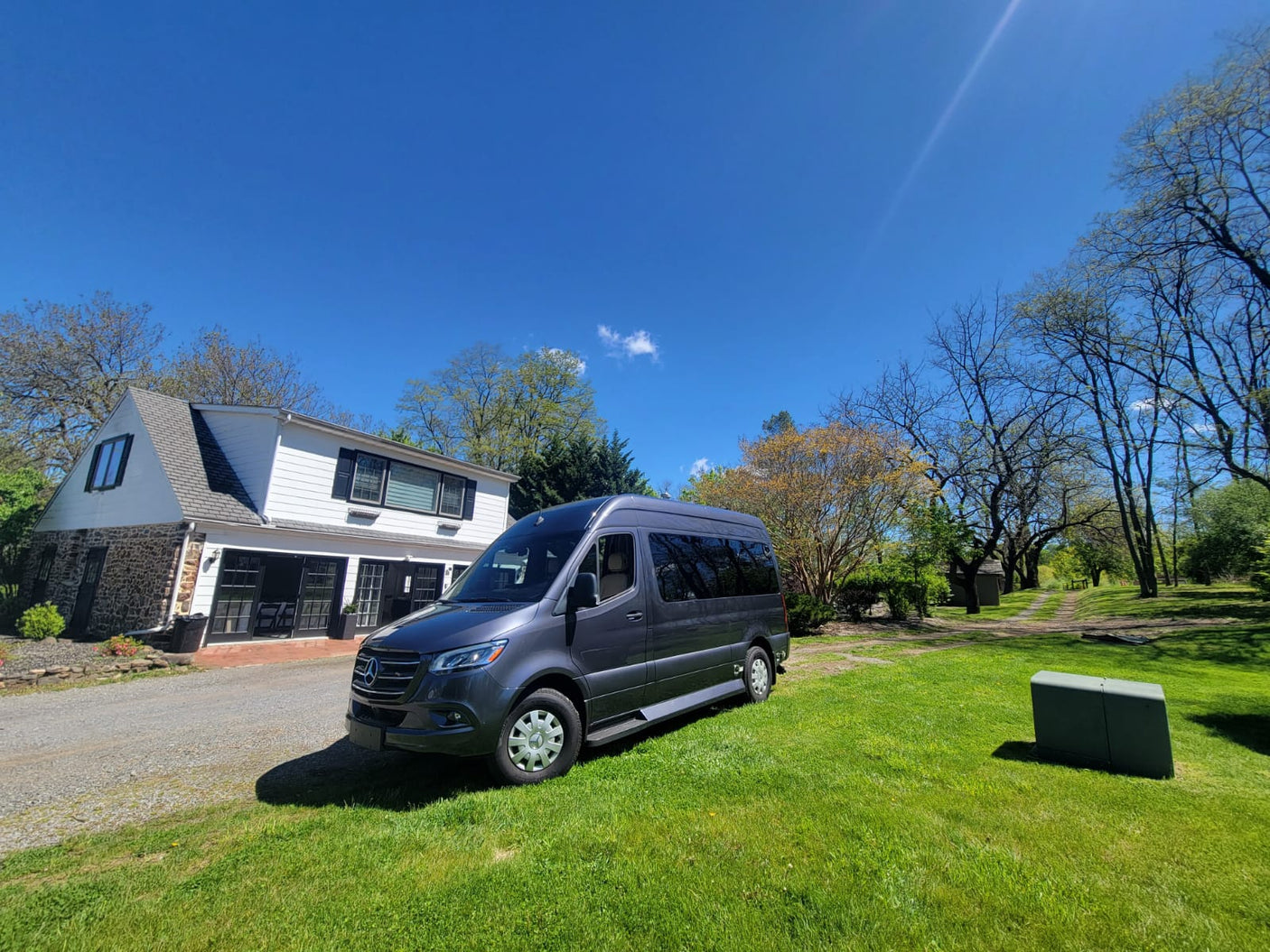 and spacious front cabin.|Step into luxury with this RV rental! Features cream leather captain seats