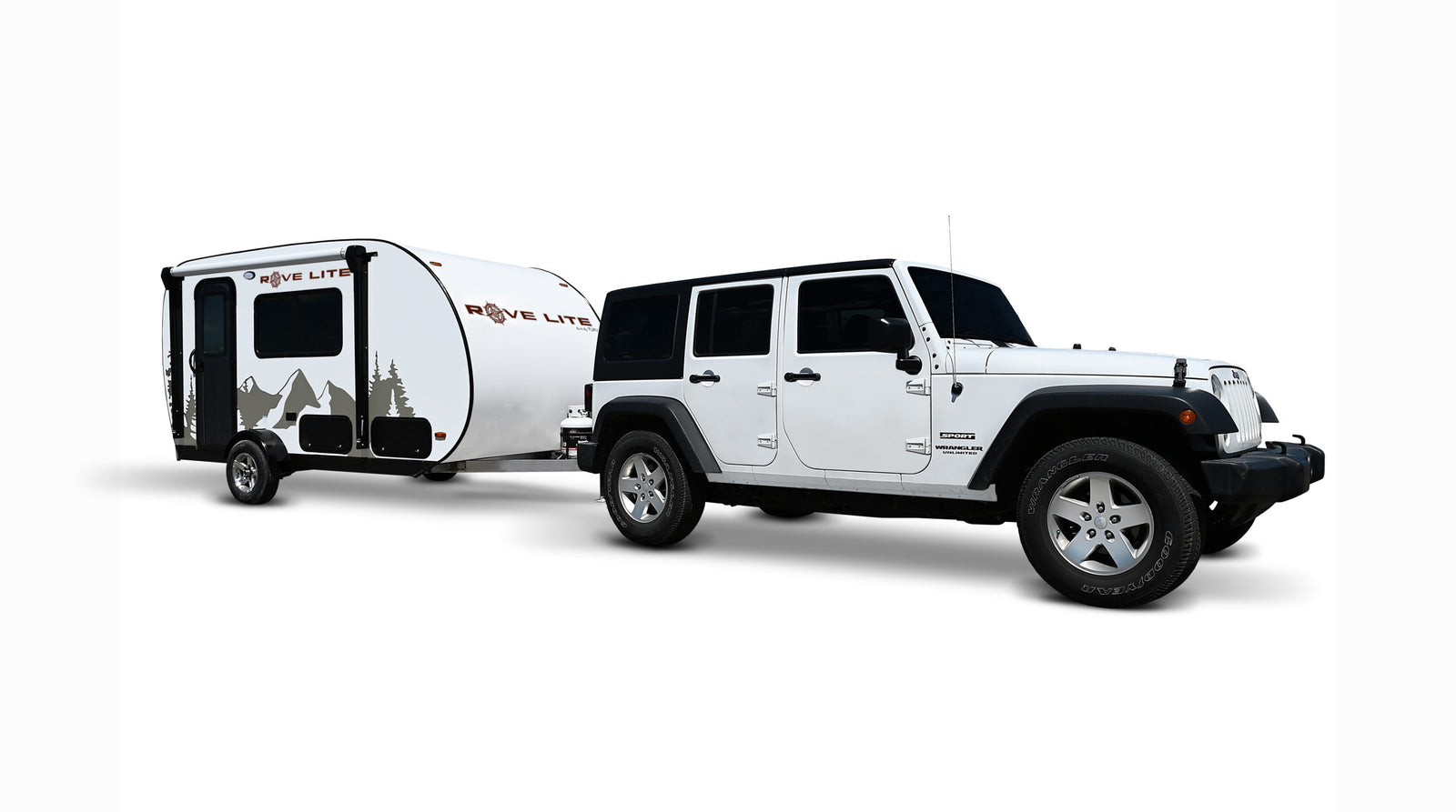 White Jeep Wrangler towing a Rove Lite teardrop camper, an RV rental perfect for camping adventures.
