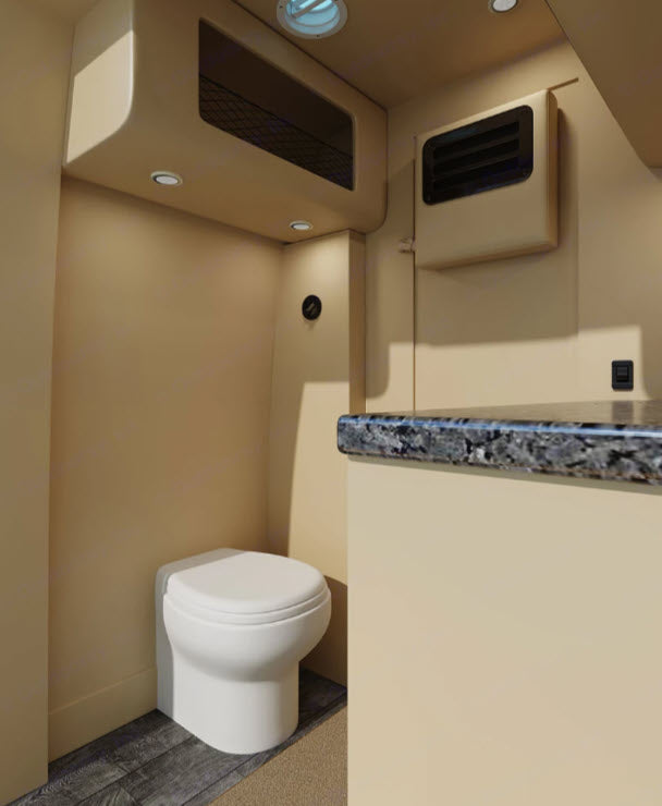 Beige RV rental wet bath with compact toilet, counter, and overhead storage for efficient travel.