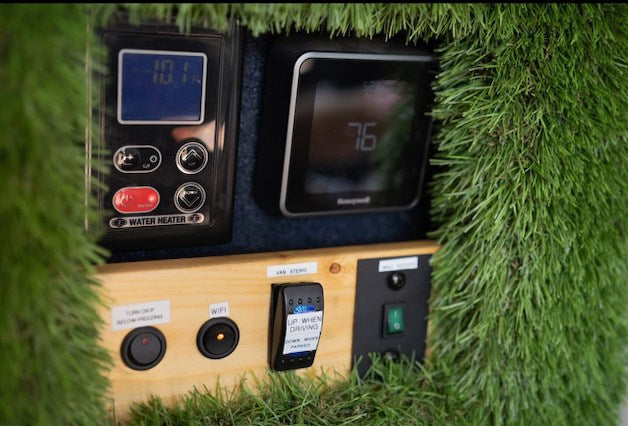 RV rental control panel: water heater, thermostat (76°F), and switches for WiFi & van stereo, all framed by artificial grass.