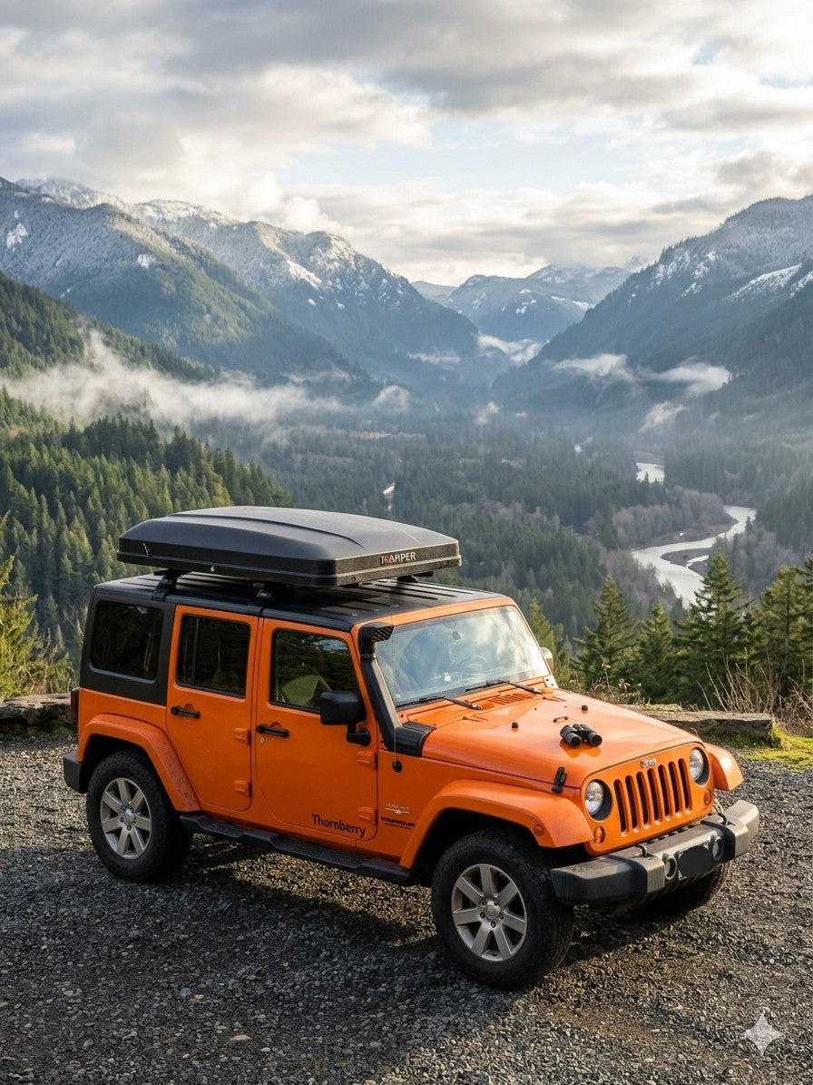 Orange Jeep Wrangler with a rooftop cargo box against a stunning mountain and river vista. Ideal for an RV rental adventure.