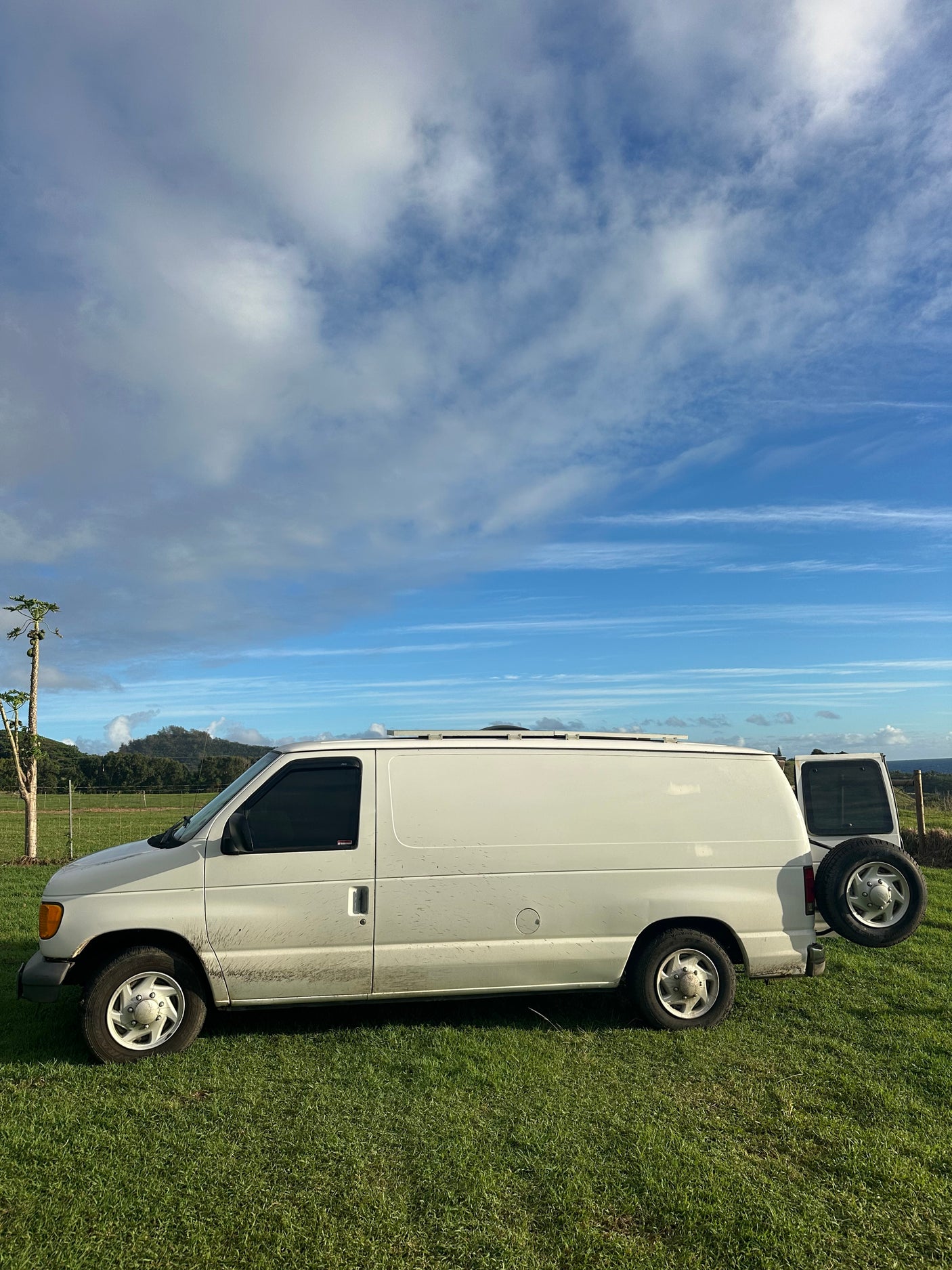 White van parked on green grass, possibly for rv rental. Features include a rear spare tire and muddy sides under a blue, cloudy sky.