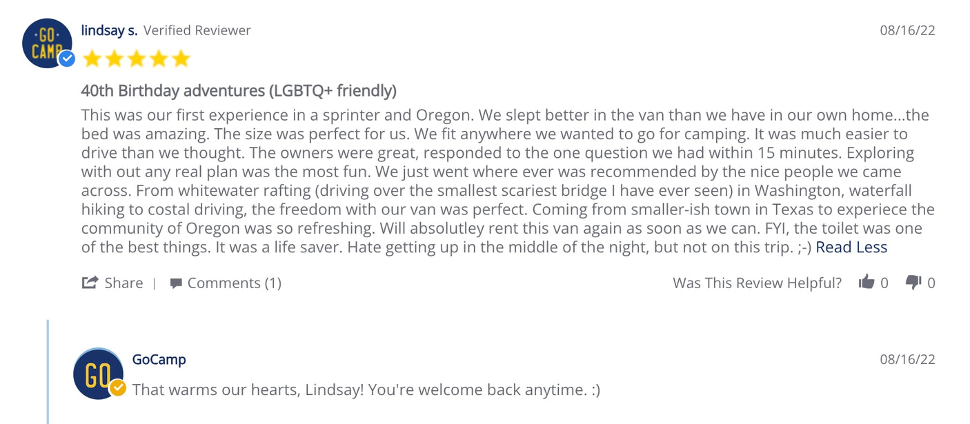 Happy customer review for an RV rental from GoCamp, detailing a 5-star van life travel experience.