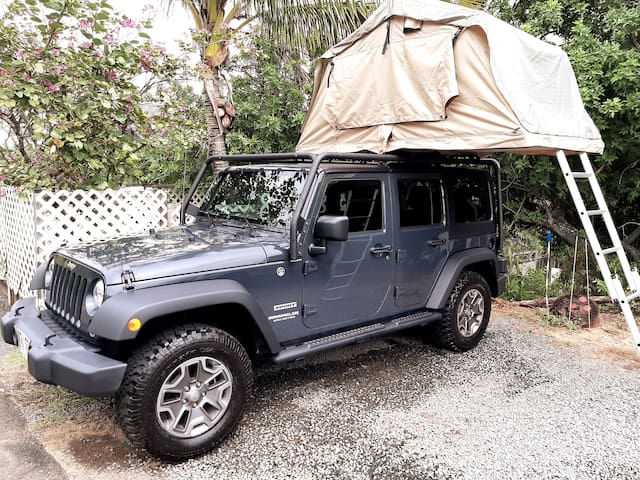 Dark gray Jeep Wrangler with an open rooftop tent. Ideal RV rental for your next adventure!|Interior of a Jeep Wrangler: dashboard