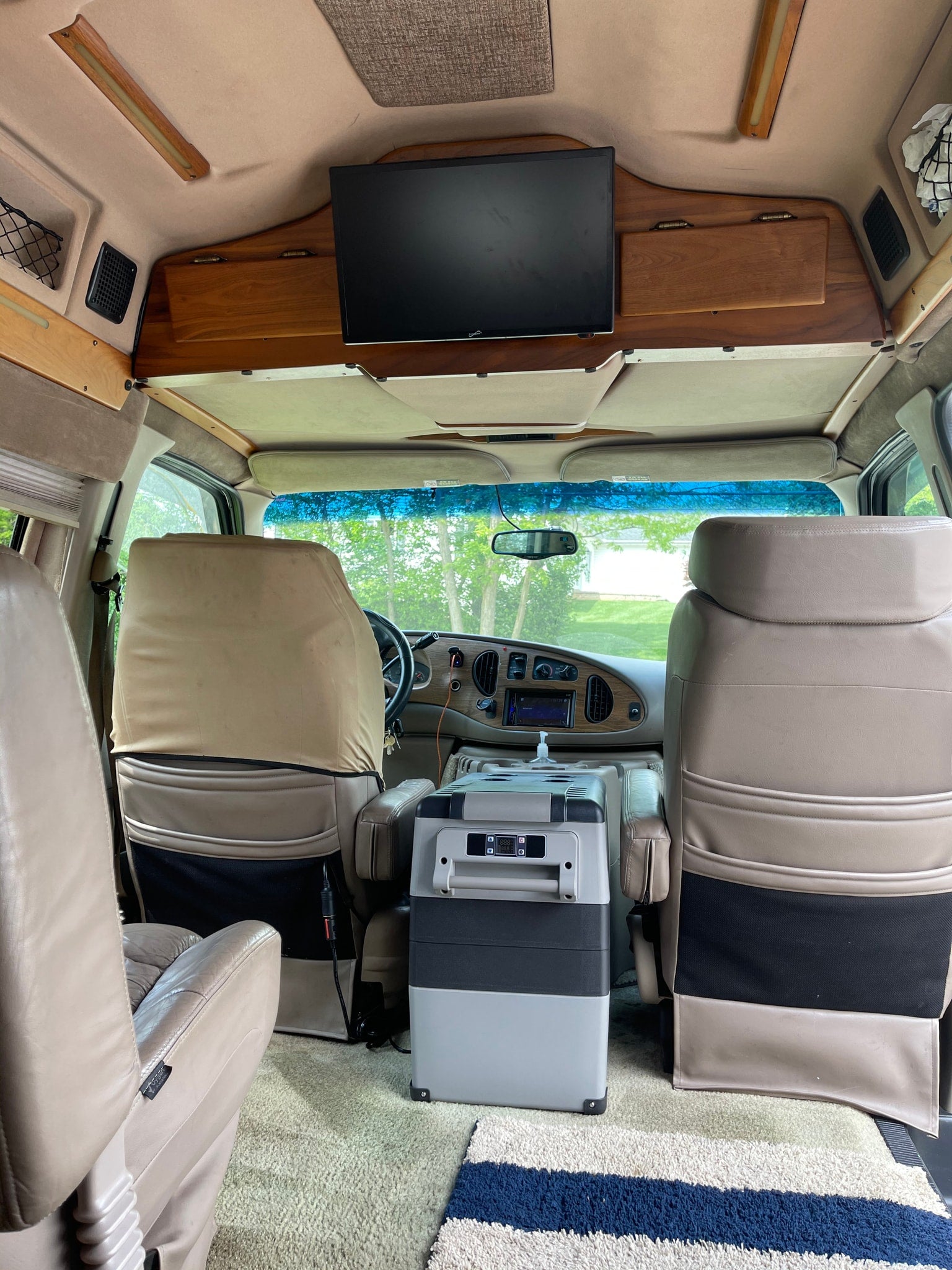 white portable toilet sits on the beige carpet of an RV rental