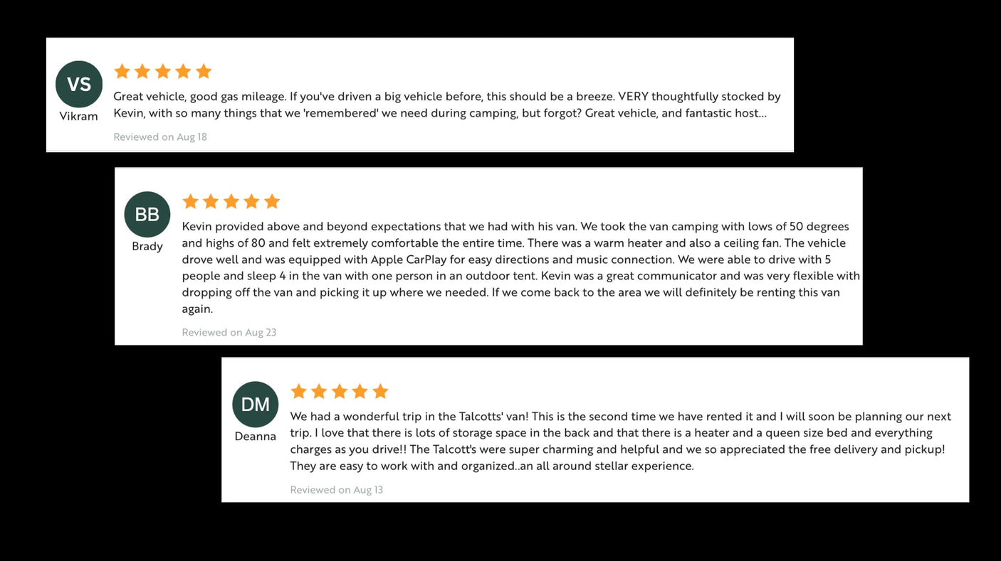 Positive 5-star customer reviews for an RV rental service, detailing the great experience and campervan features.