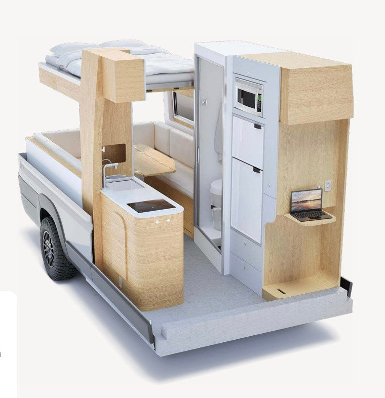 open to a scenic view of a lake and mountains.|Modern rv rental interior with a cozy dining area