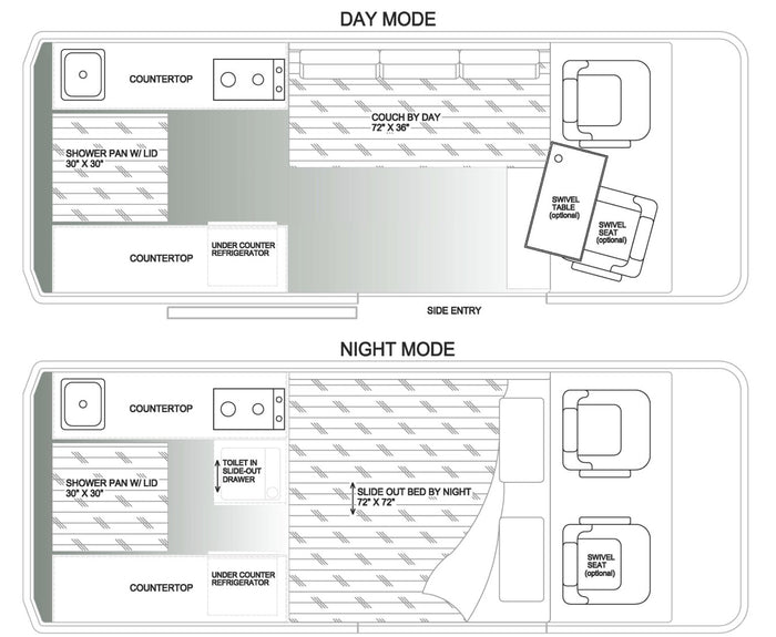 including a slide-out bed and hidden toilet.|RV rental: View this modern camper van's interior: comfy bed