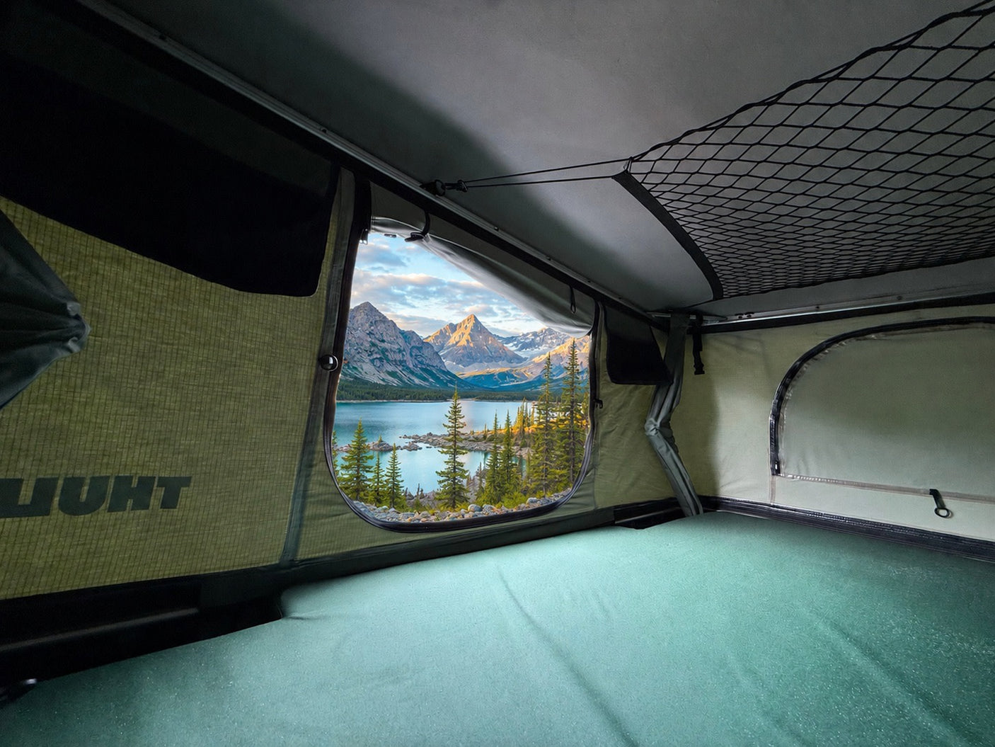 and fresh veggies by a scenic lake at sunset.|Inside a comfy tent