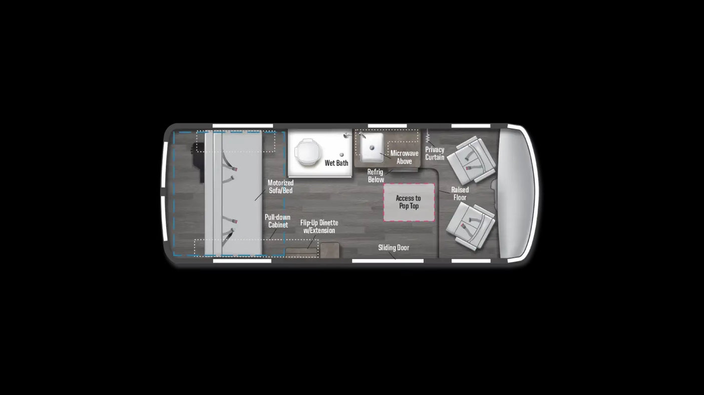Detailed rv rental floor plan: Wet Bath, Motorized Sofa/Bed, Dinette, Kitchenette, and front seating area features displayed.