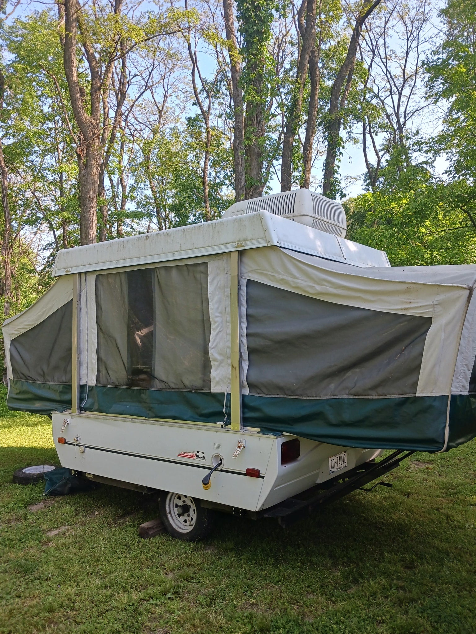This pop-up camper, ideal for an RV rental, is set up in a wooded campsite, ready for outdoor travel and camping.