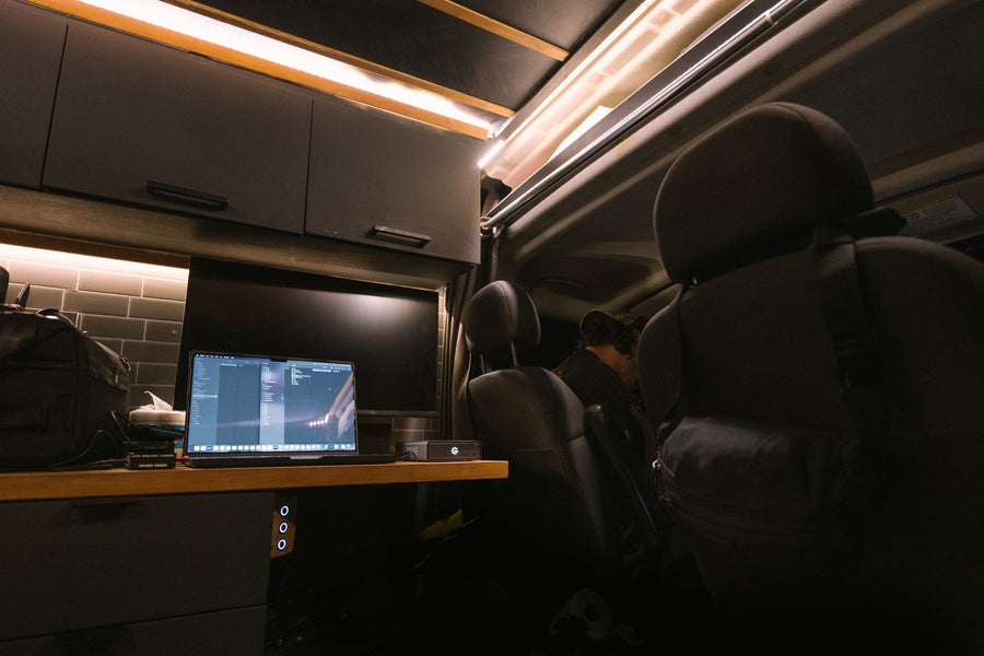 ready for off-road trips and remote camping.|Epic night sky with Milky Way over an RV rental. Van camping