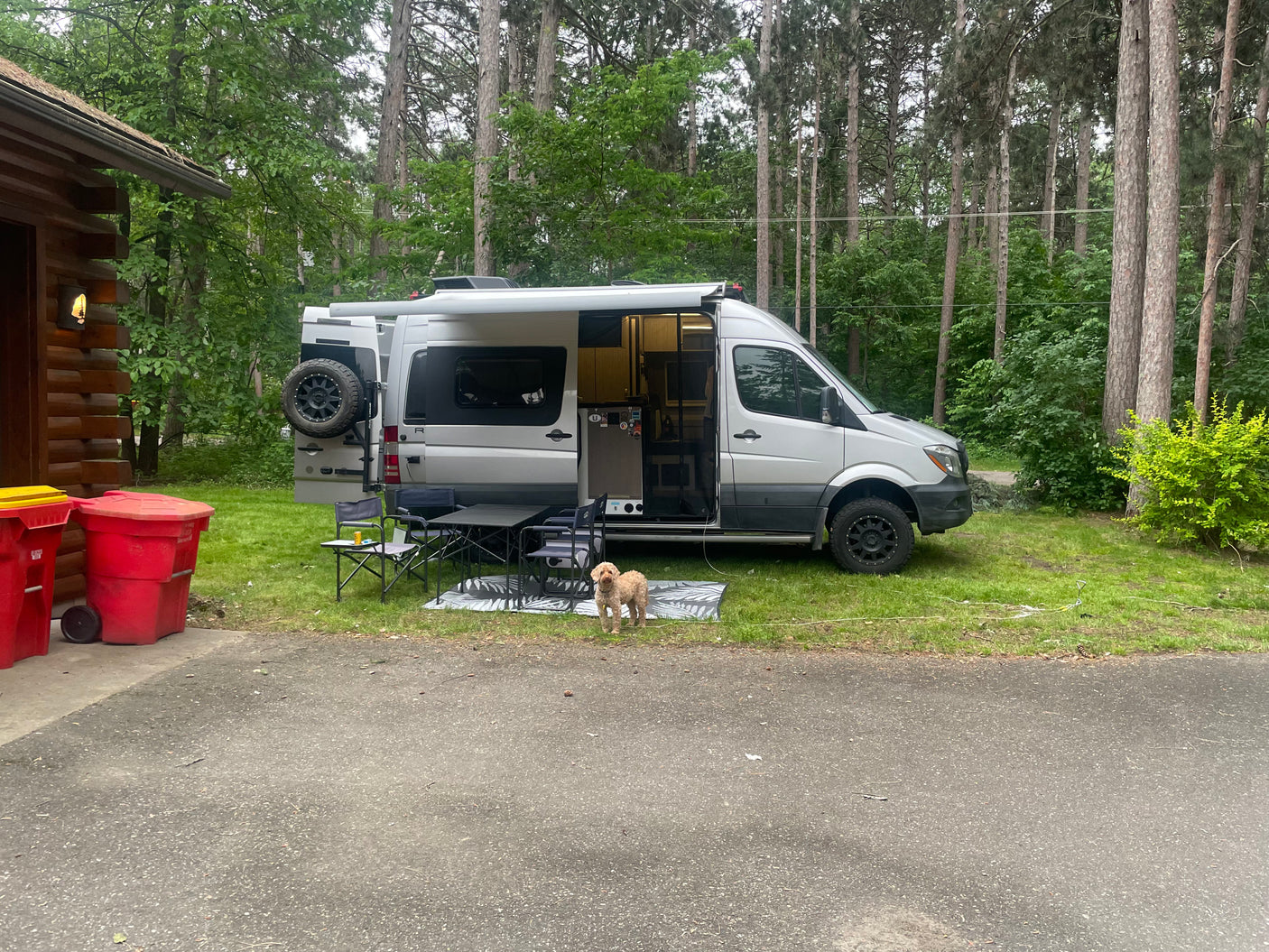 Enjoying an **RV rental** adventure: a camper van with outdoor setup and a dog at a wooded campsite.