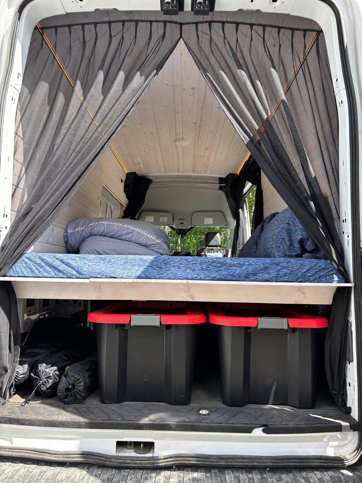 RV rental: Inside a camper van conversion with a raised bed, under-bed storage bins, and rear insect netting.