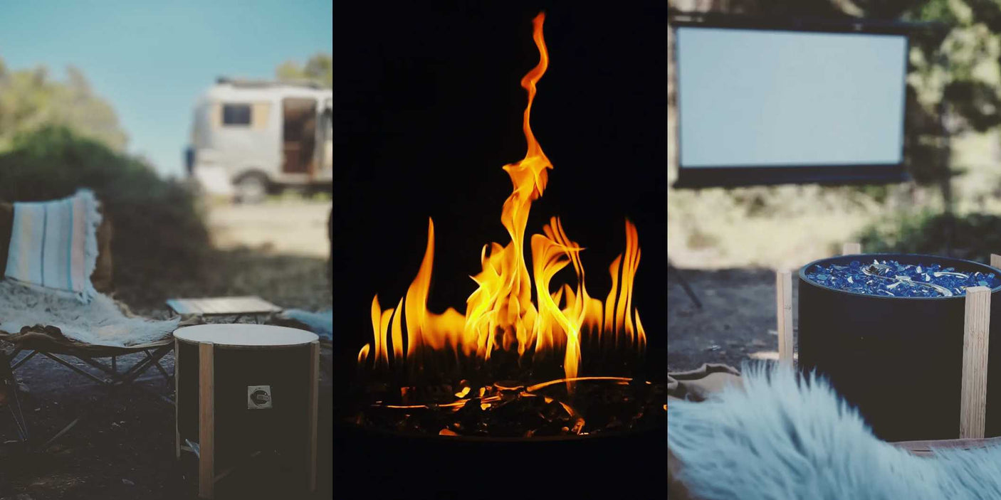An RV rental scene: a triptych showing a cozy campsite, bright fire, and outdoor movie screen setup.