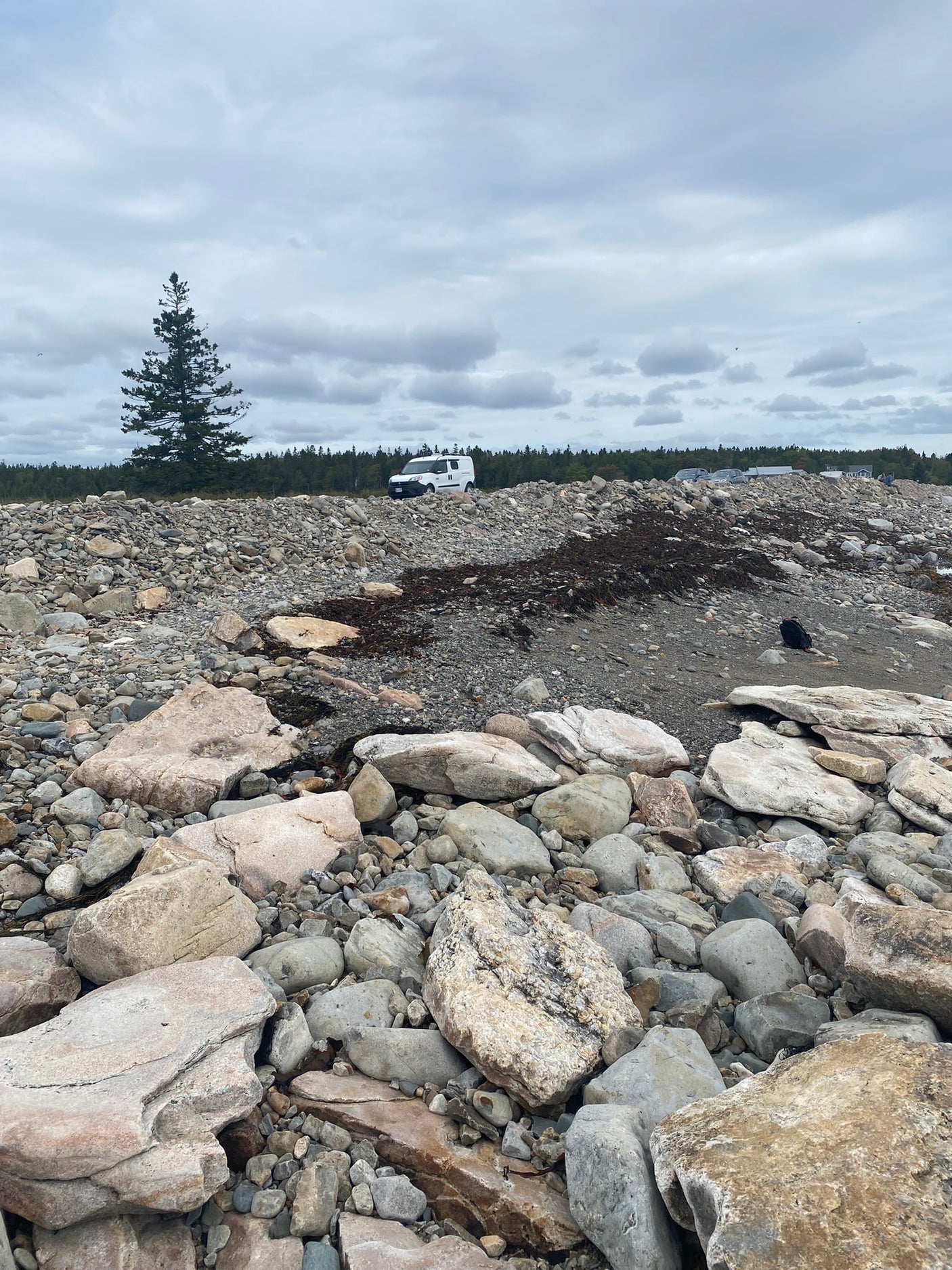 An RV rental van sits on a gravel rise above a rocky beach and forest under a gray sky.