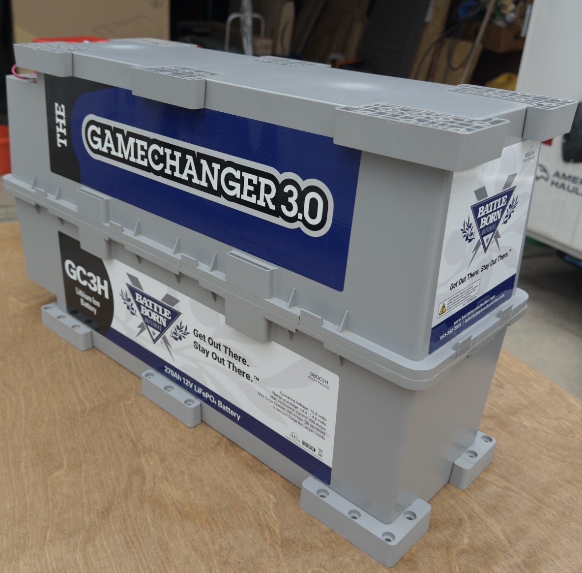 Battle Born GameChanger 3.0 GC3H 270Ah 12V LiFePO4 battery, full three-quarter view showing the blue GameChanger branding and gray case