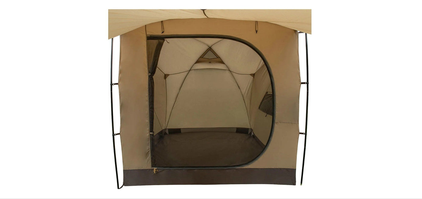 Manufacturer photo of the Slumber Shack interior showing the sleeping area floor and the large D-shaped doorway — photo 4