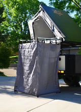 2014 Schutt Industries XVenture XV-2 overland trailer — Overland Vehicle Systems shower tent stowed at the rear with rooftop tent open