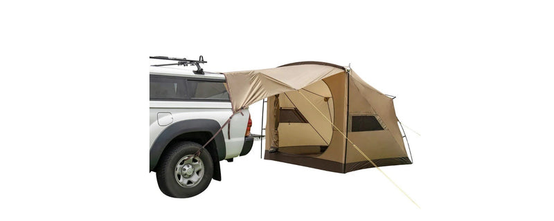 Manufacturer photo of the Slumber Shack attached to a pickup tailgate with the awning canopy extended over the truck bed — photo 3