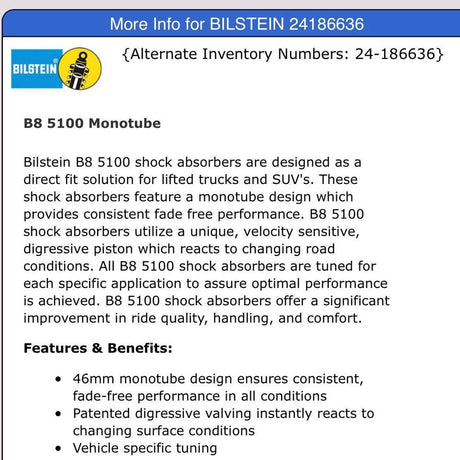 Bilstein B8 5100 rear lifted truck 24-186636 shocks Silverado/Sierra/Ram in Clovis, CA (photo 5)