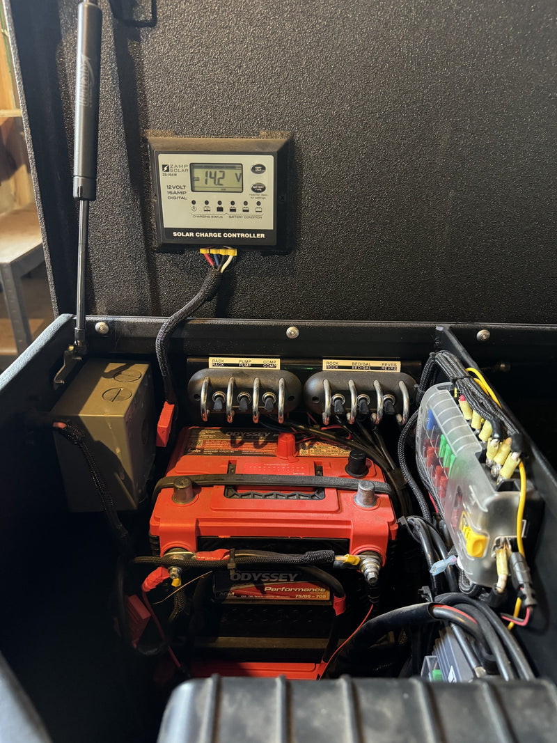 Solar charge controller reading 14.2 volts above the Odyssey battery and fuse block — photo 26
