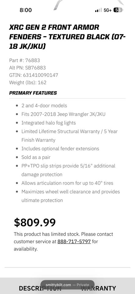 Jeep Wrangler 2007-2018 Smittybilt XRC Front Fender — photo 2