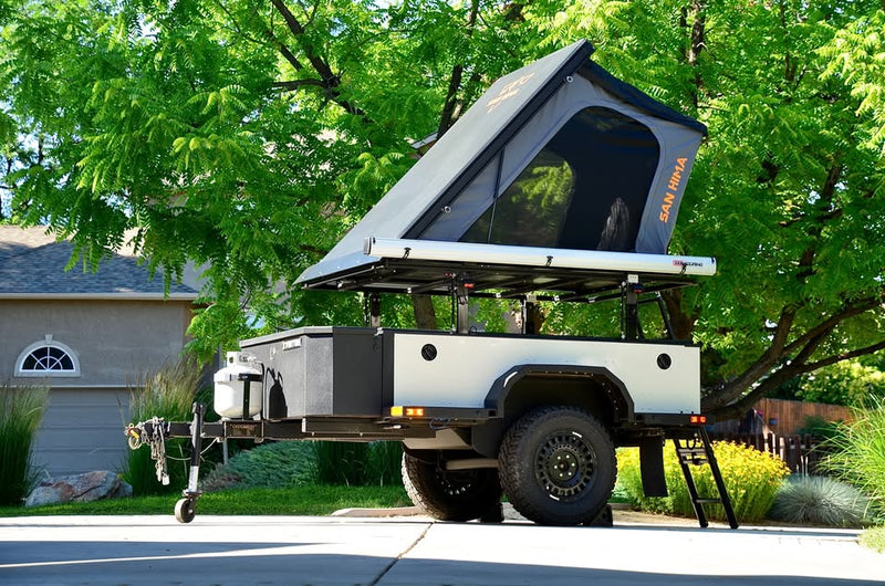 2014 Schutt Industries XVenture XV-2 overland trailer — San Jima hard-shell rooftop tent raised, rear three-quarter view — photo 3