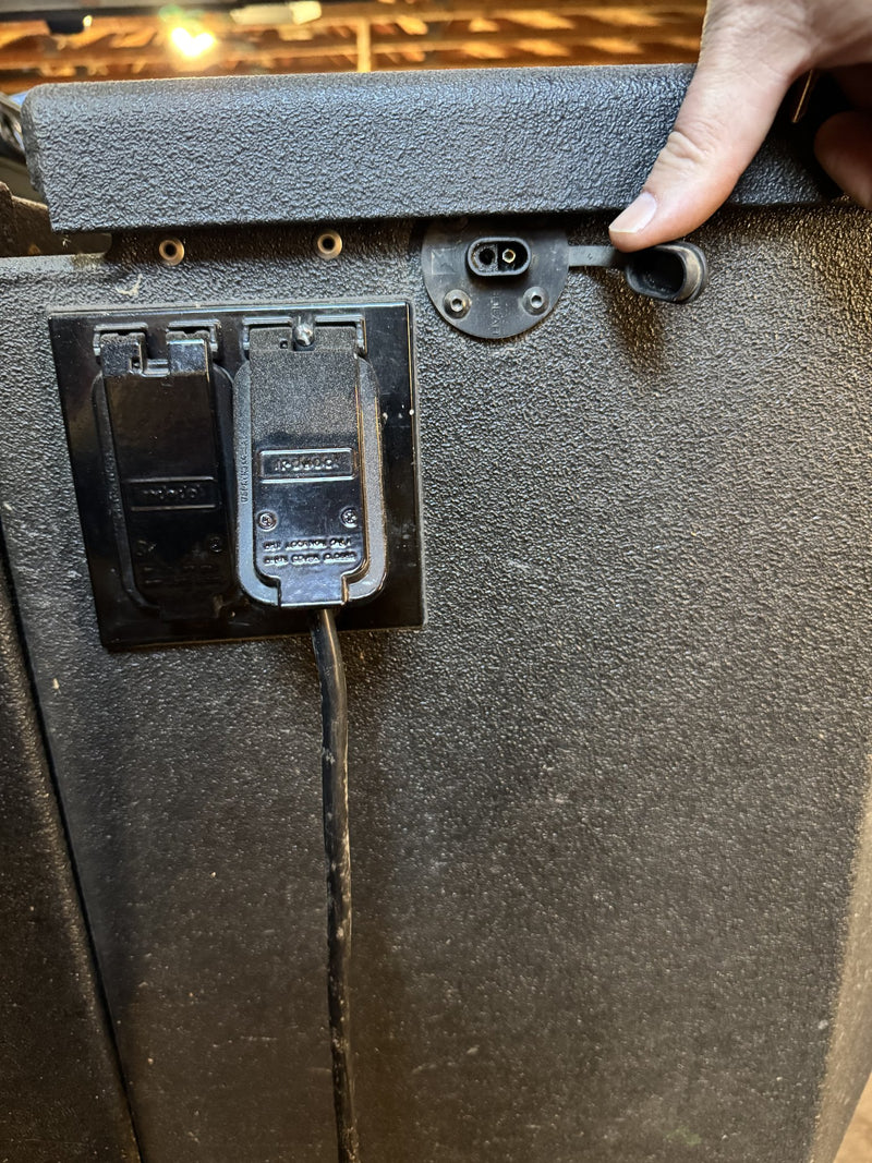 Close view of the weatherproof 120V outlets and shore-power connection — photo 24