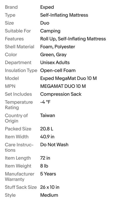 Exped MegaMat Duo 10 M Self-Inflating Mattress Duo 72x40.9 Green/Gray in Los Angeles, CA (photo 6)