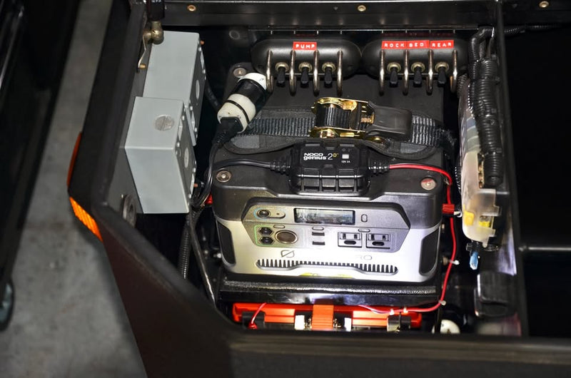 2014 Schutt Industries XVenture XV-2 overland trailer — front nose box power compartment with Odyssey AGM house battery and Goal Zero Yeti power bank — photo 6