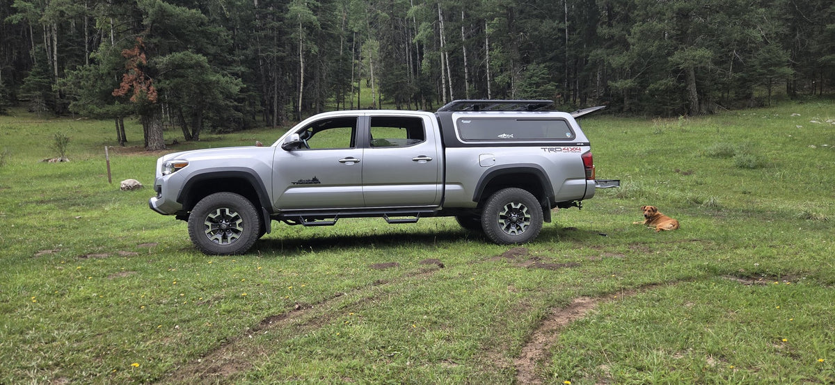 A.R.E. Overland series truck topper installed on the 6-foot bed of a silver Toyota Tacoma TRD Off-Road double cab parked in a mountain meadow, showing the topper's tinted side window, roof-mounted Go Rhino platform rack and Front Runner crossbars, with pine and aspen forest behind