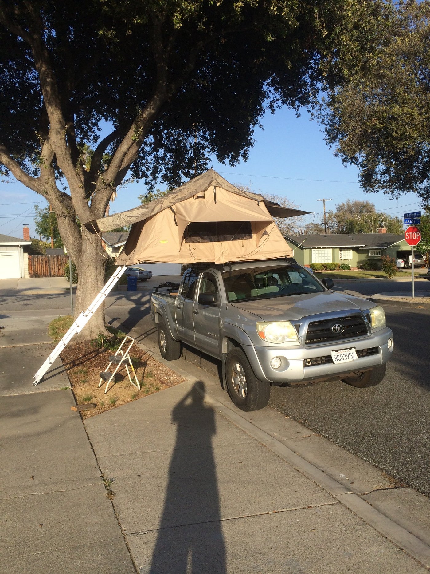 The tent open on the Tacoma parked on a residential street, ladder extended to the pavement — photo 14