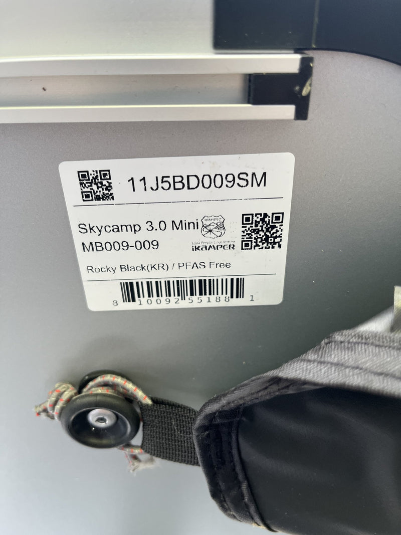 Manufacturer label on the tent reading Skycamp 3.0 Mini, MB009-009, Rocky Black (KR) / PFAS Free — photo 6