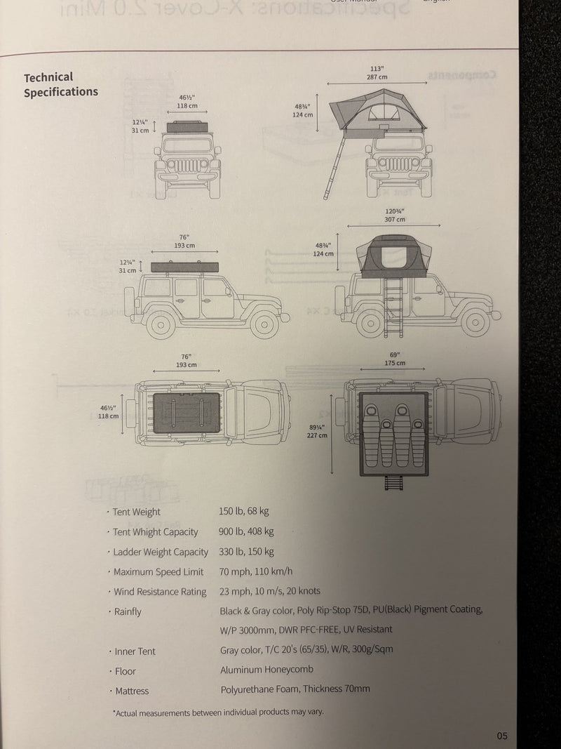 The printed iKamper user manual open to the technical specifications page, showing dimension diagrams of the tent open and closed on a vehicle and the materials and weight ratings table — photo 13