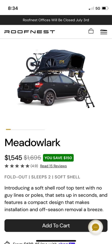 Almost Brand-New Roofnest Meadowlark Rooftop Tent in Tualatin, OR (photo 8)