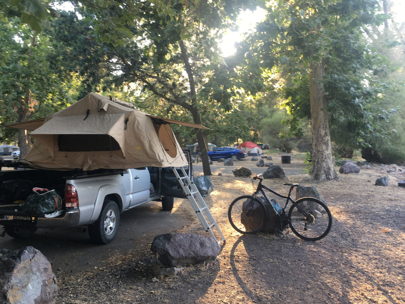 Tan Smittybilt softshell rooftop tent opened on a silver Toyota Tacoma bed rack at a wooded campsite, telescoping aluminum ladder down to the ground — photo 1