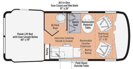 This RV rental camper van floor plan: compact layout with power lift bed, wet bath, kitchen, and convertible dining.