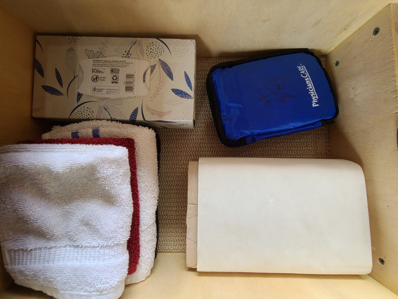  and a gray portable toilet.|Inside an **RV rental**: a compact wet bath with mosaic tiles — photo 18