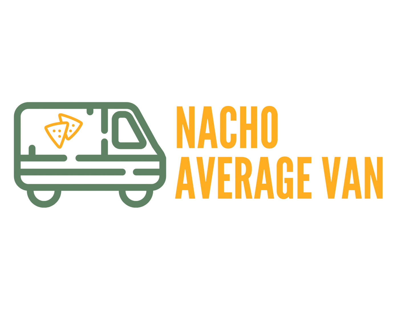 "Nacho Average Van" logo: green outlined van, orange nacho chips, and bold text. Themed RV rental.