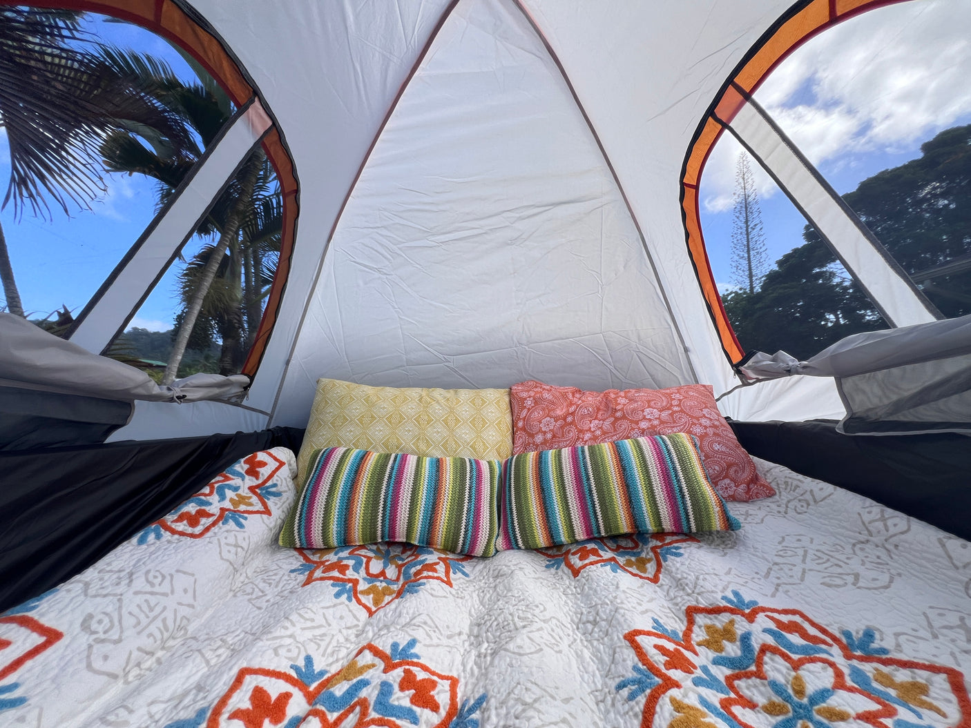 Cozy RV rental interior with a comfortable bed, colorful pillows, and tropical palm tree views from the windows.