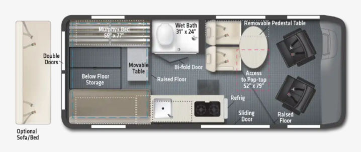 RV rental floor plan of a camper van, detailing Murphy bed, wet bath, kitchen, dining, and storage areas.