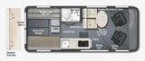 RV rental floor plan of a camper van, detailing Murphy bed, wet bath, kitchen, dining, and storage areas.