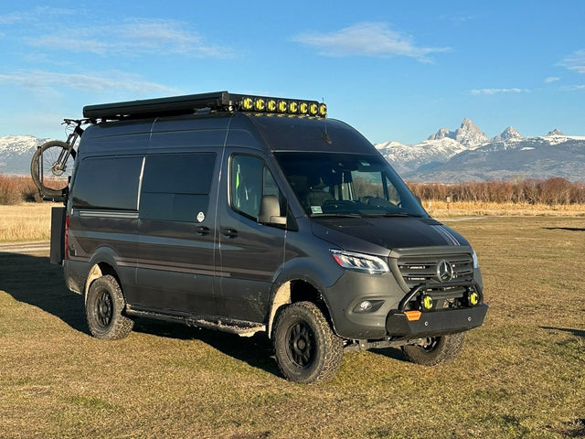 Off-road Mercedes Sprinter rv rental with bike/roof rack