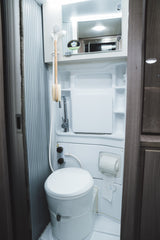 Inside an RV rental: a compact wet bath featuring a toilet, shower, sink faucet, mirror, and toilet paper holder.