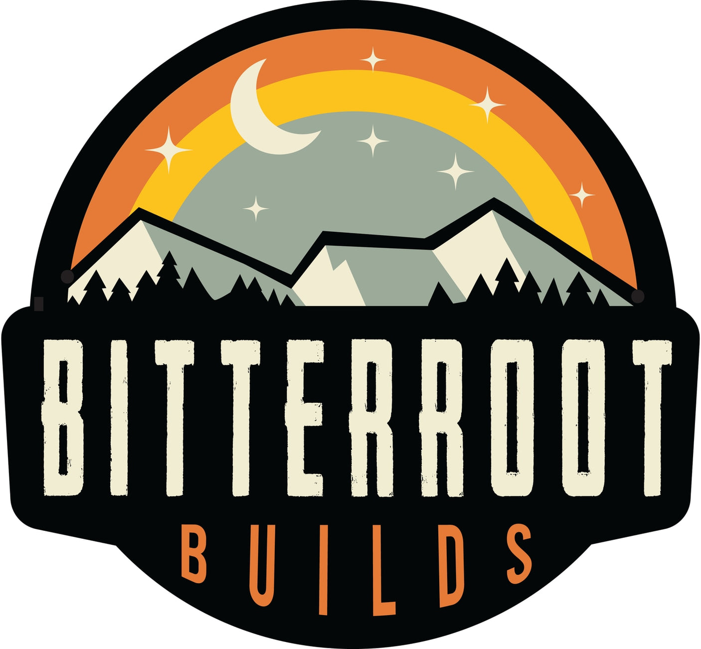 Bitterroot Builds RV rental logo: mountains, forest, moon, stars, and a rainbow arch, capturing adventure.